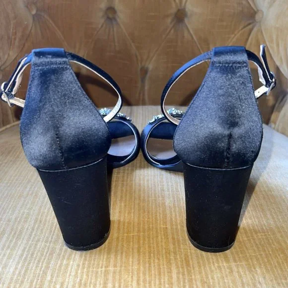 BADGLEY MISCHKA Mark and James Black Satin Block Heel JEWELED Ankle Strap 7 - Picture 4 of 10